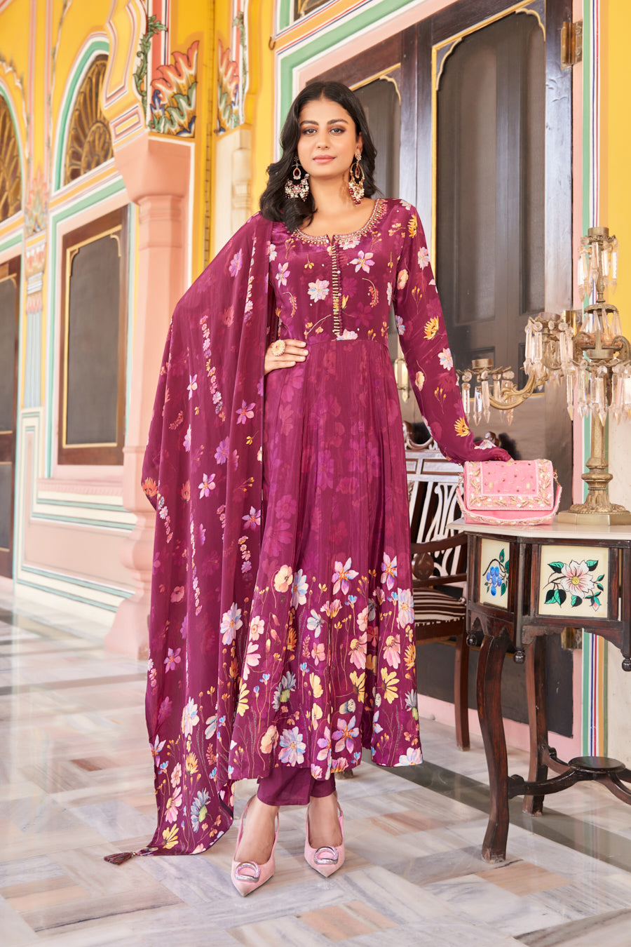 Wine Anarkali 3 Pcs set ,Pure Viscose Crape silk Digital Print,Lovely real mirror handwork on neckline and yoke