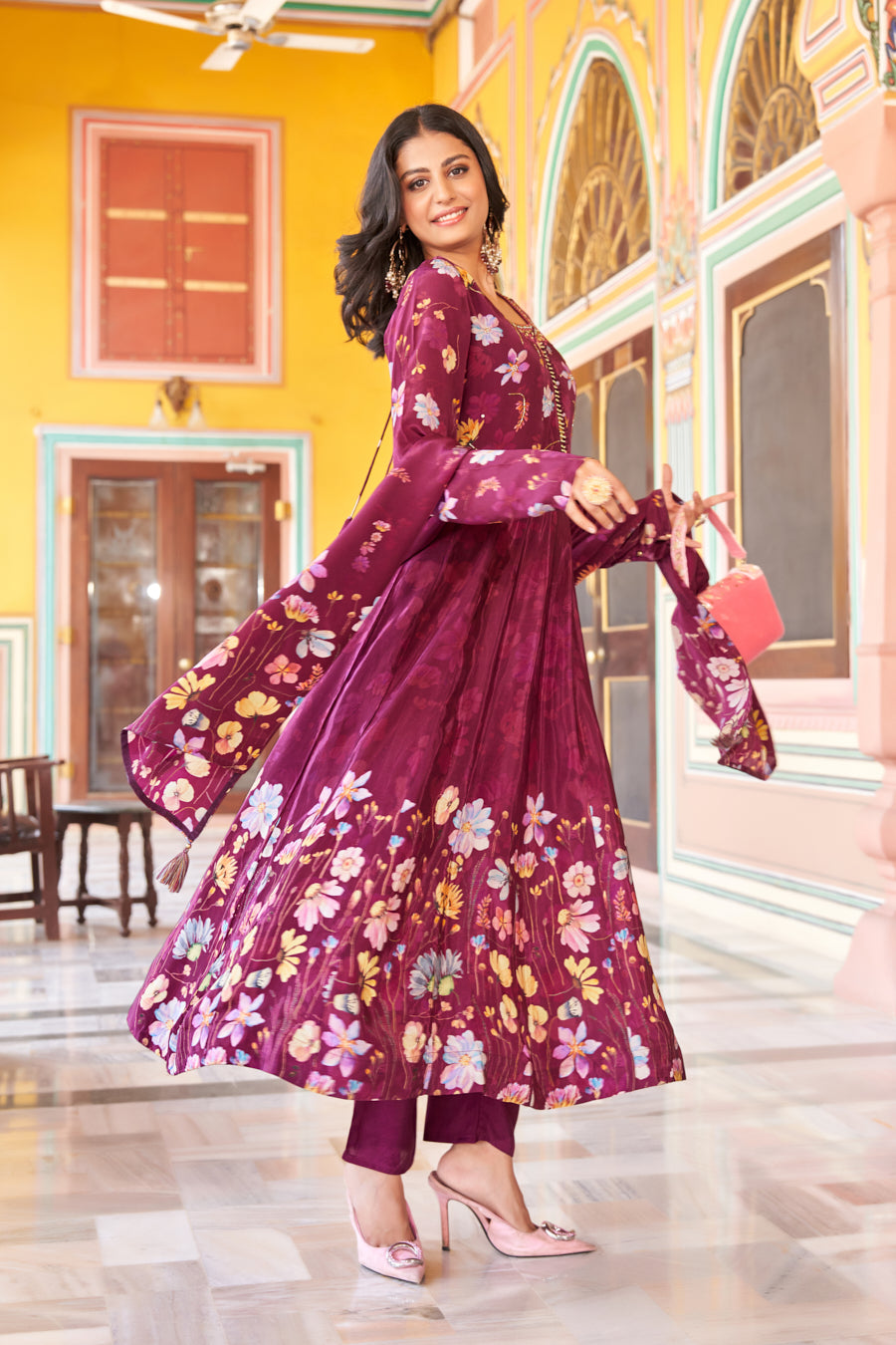 Wine Anarkali 3 Pcs set ,Pure Viscose Crape silk Digital Print,Lovely real mirror handwork on neckline and yoke