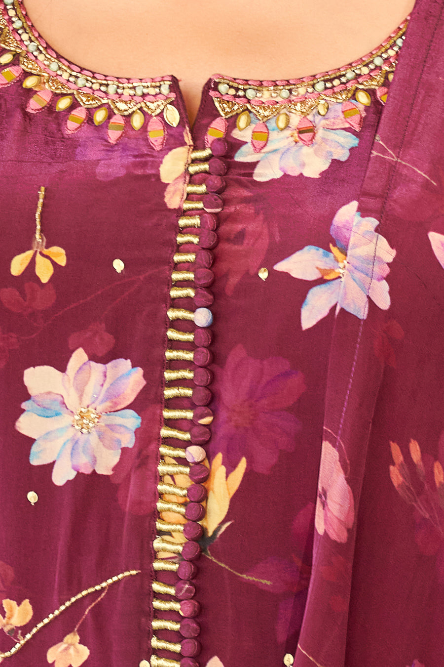 Wine Anarkali 3 Pcs set ,Pure Viscose Crape silk Digital Print,Lovely real mirror handwork on neckline and yoke