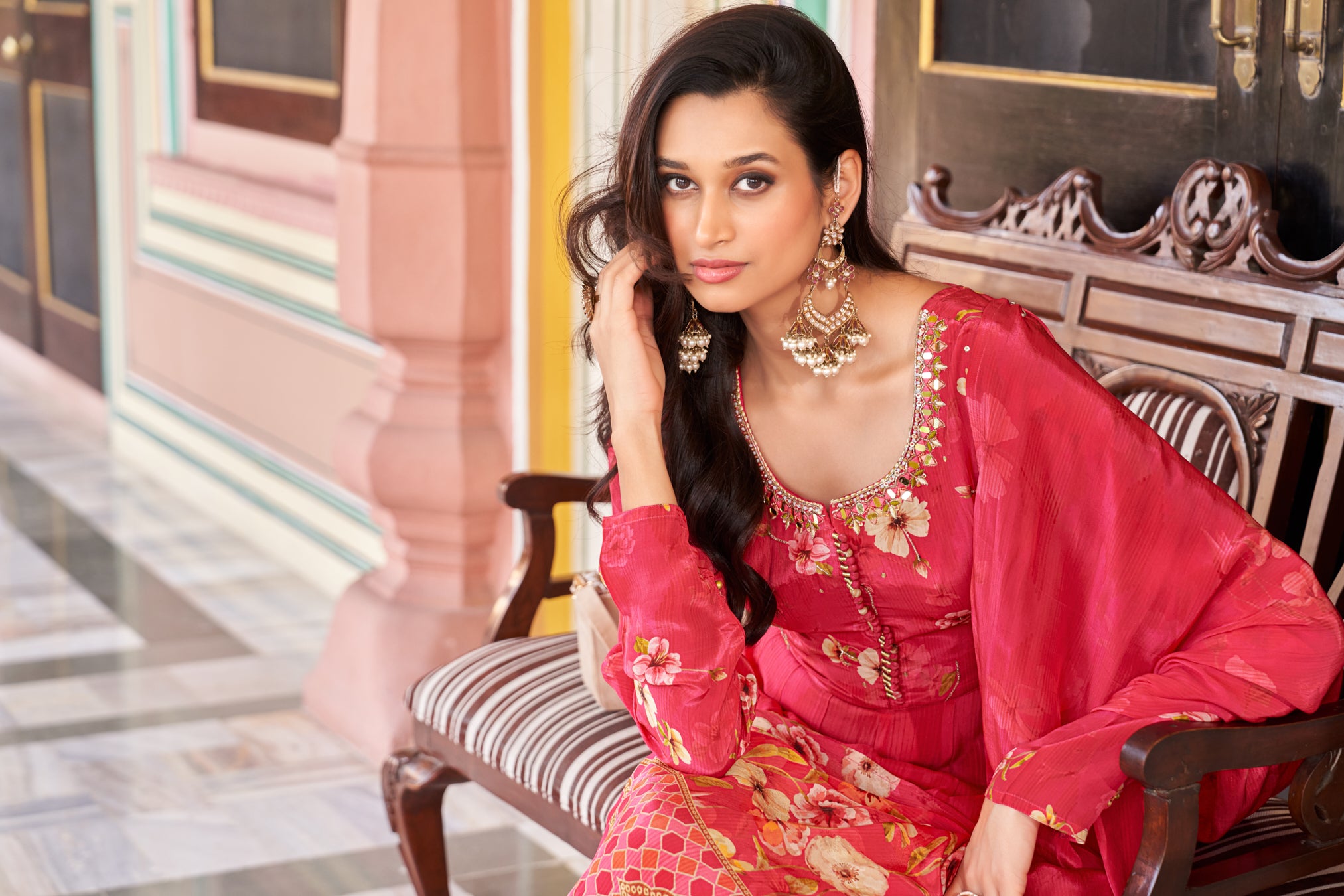 Coral digital print Anarkali Suit- 3 Pc ,Pure viscose crape silk ,exquisite Real Mirror handwork on neckline and yoke