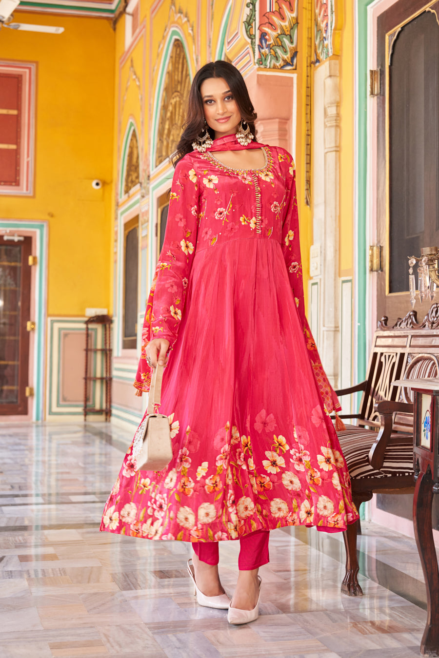 Coral digital print Anarkali Suit- 3 Pc ,Pure viscose crape silk ,exquisite Real Mirror handwork on neckline and yoke
