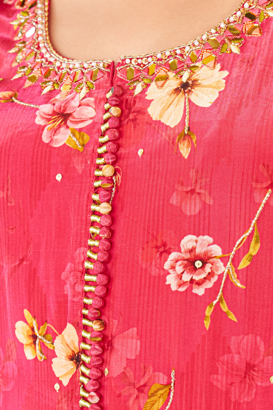 Coral digital print Anarkali Suit- 3 Pc ,Pure viscose crape silk ,exquisite Real Mirror handwork on neckline and yoke