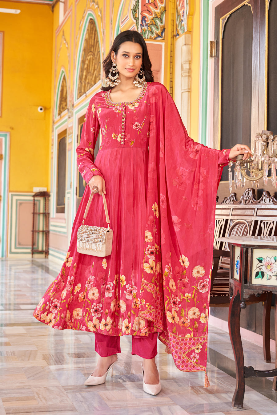 Coral digital print Anarkali Suit- 3 Pc ,Pure viscose crape silk ,exquisite Real Mirror handwork on neckline and yoke