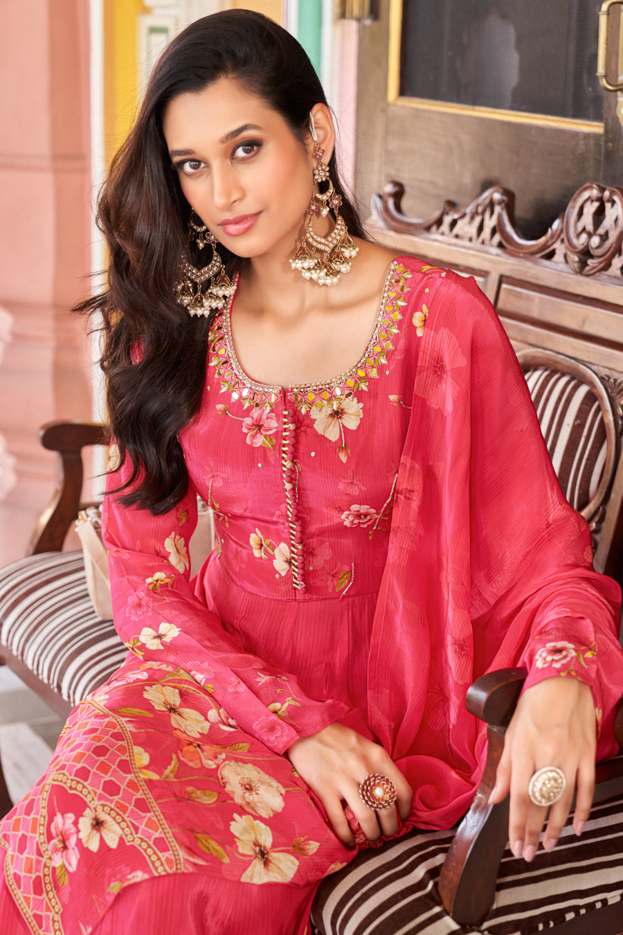 Coral digital print Anarkali Suit- 3 Pc ,Pure viscose crape silk ,exquisite Real Mirror handwork on neckline and yoke