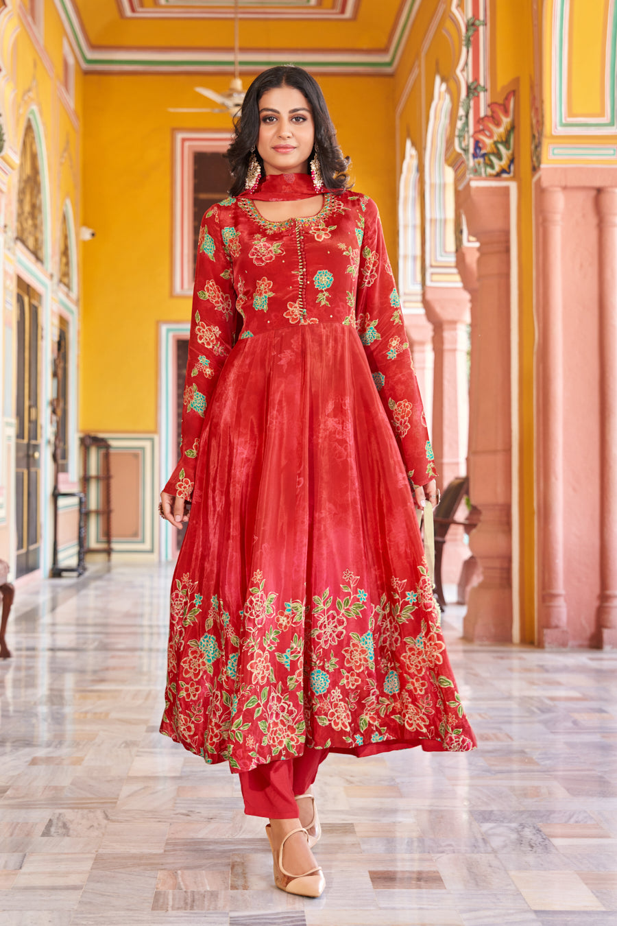 Ruby Red Pure Viscose Silk Anarkali 3 pcs suit,Exclusive real Mirror handwork with cut dana on neckline