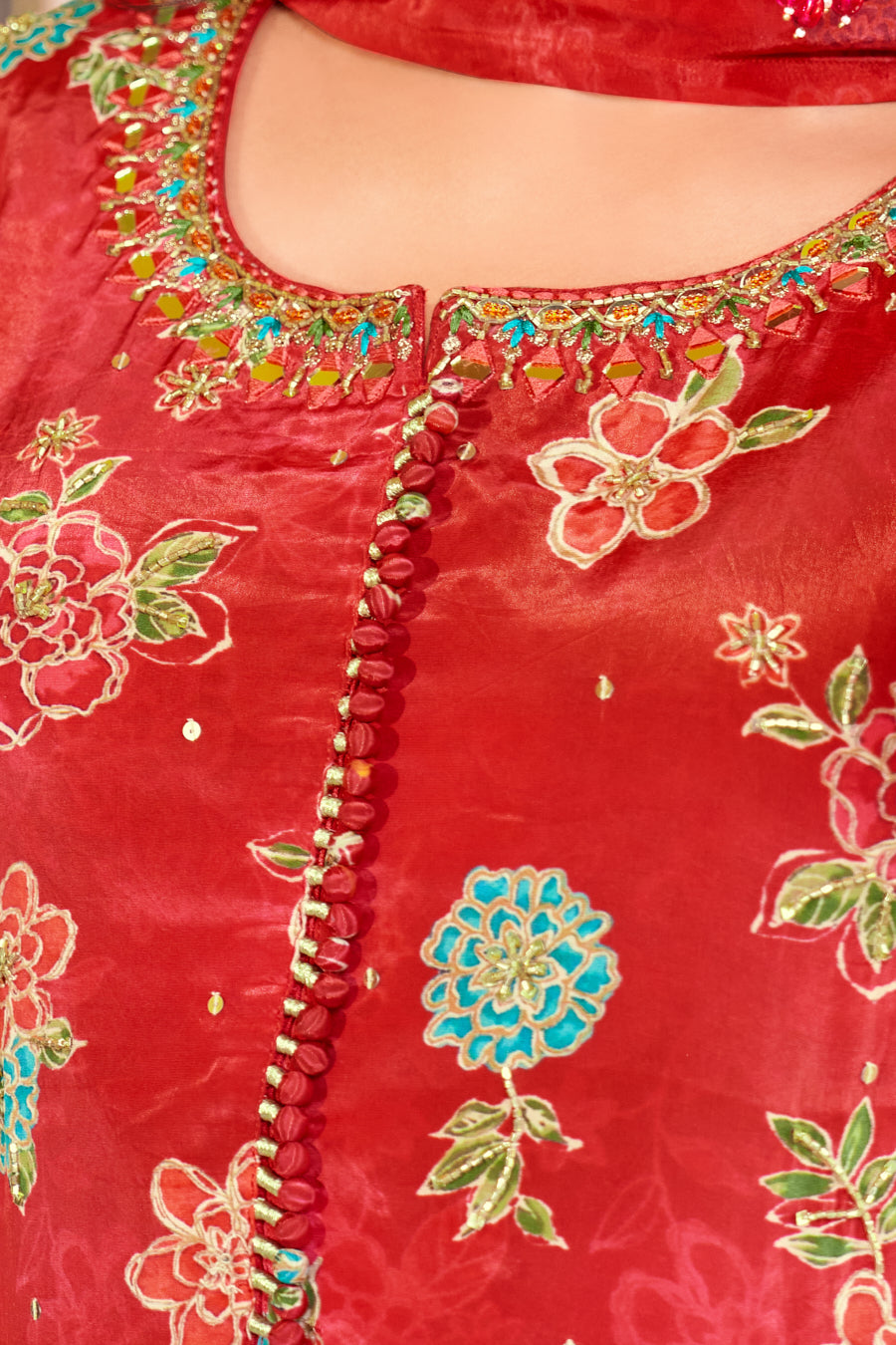 Ruby Red Pure Viscose Silk Anarkali 3 pcs suit,Exclusive real Mirror handwork with cut dana on neckline