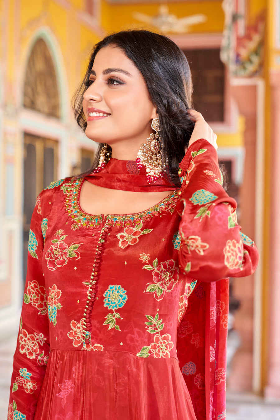 Ruby Red Pure Viscose Silk Anarkali 3 pcs suit,Exclusive real Mirror handwork with cut dana on neckline