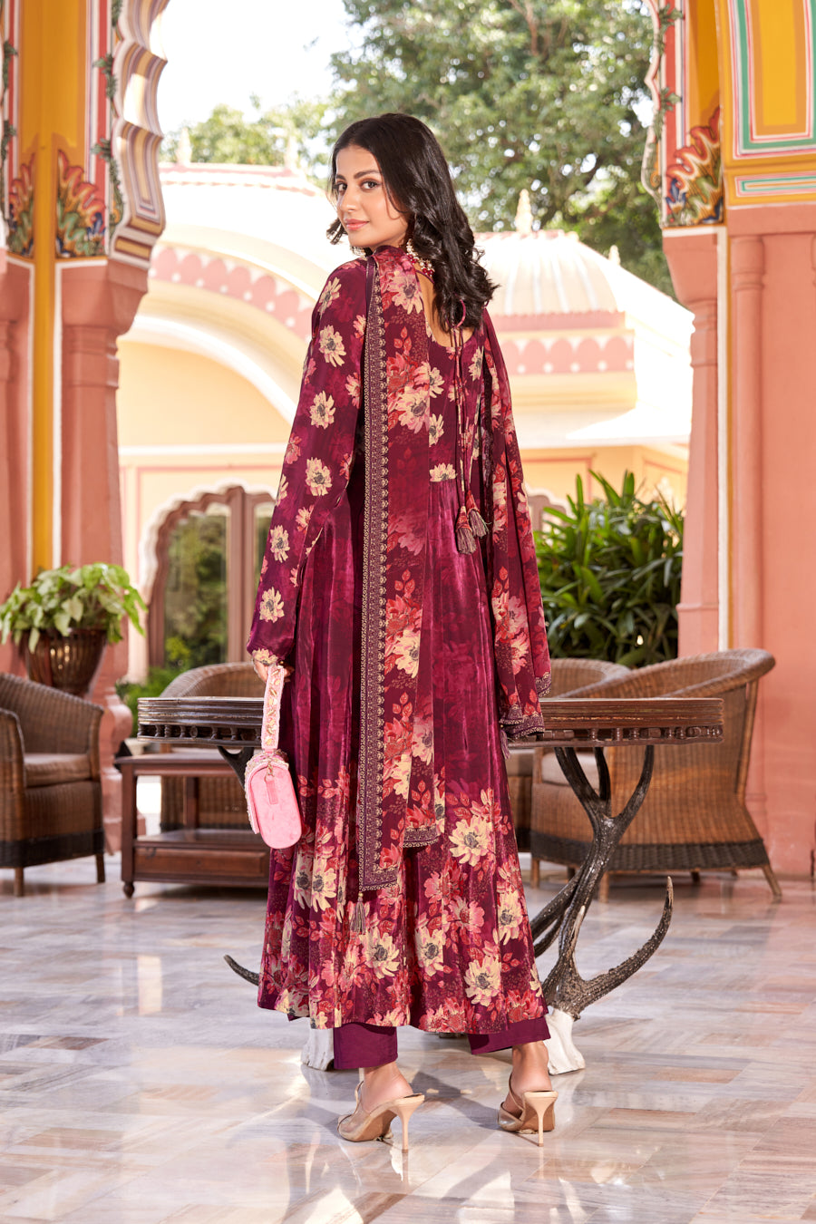 Wine Splash , Exquisite Digital Printed Anarkali 3 pcs set with Intricate Real Mirror Handwork on Neckline