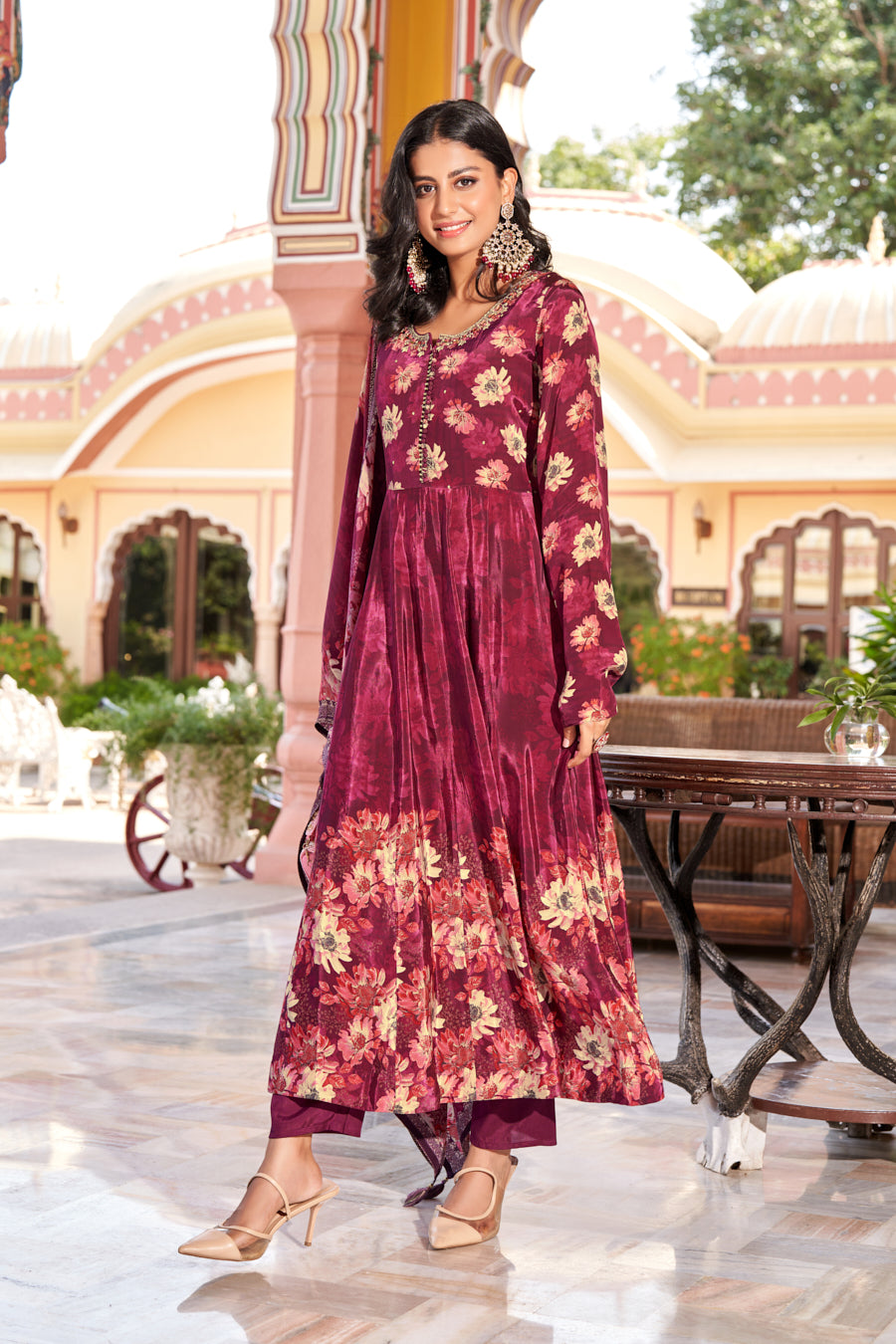 Wine Splash , Exquisite Digital Printed Anarkali 3 pcs set with Intricate Real Mirror Handwork on Neckline