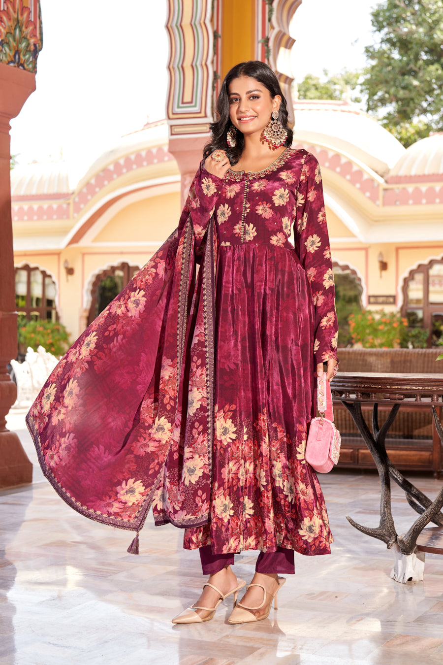 Wine Splash , Exquisite Digital Printed Anarkali 3 pcs set with Intricate Real Mirror Handwork on Neckline