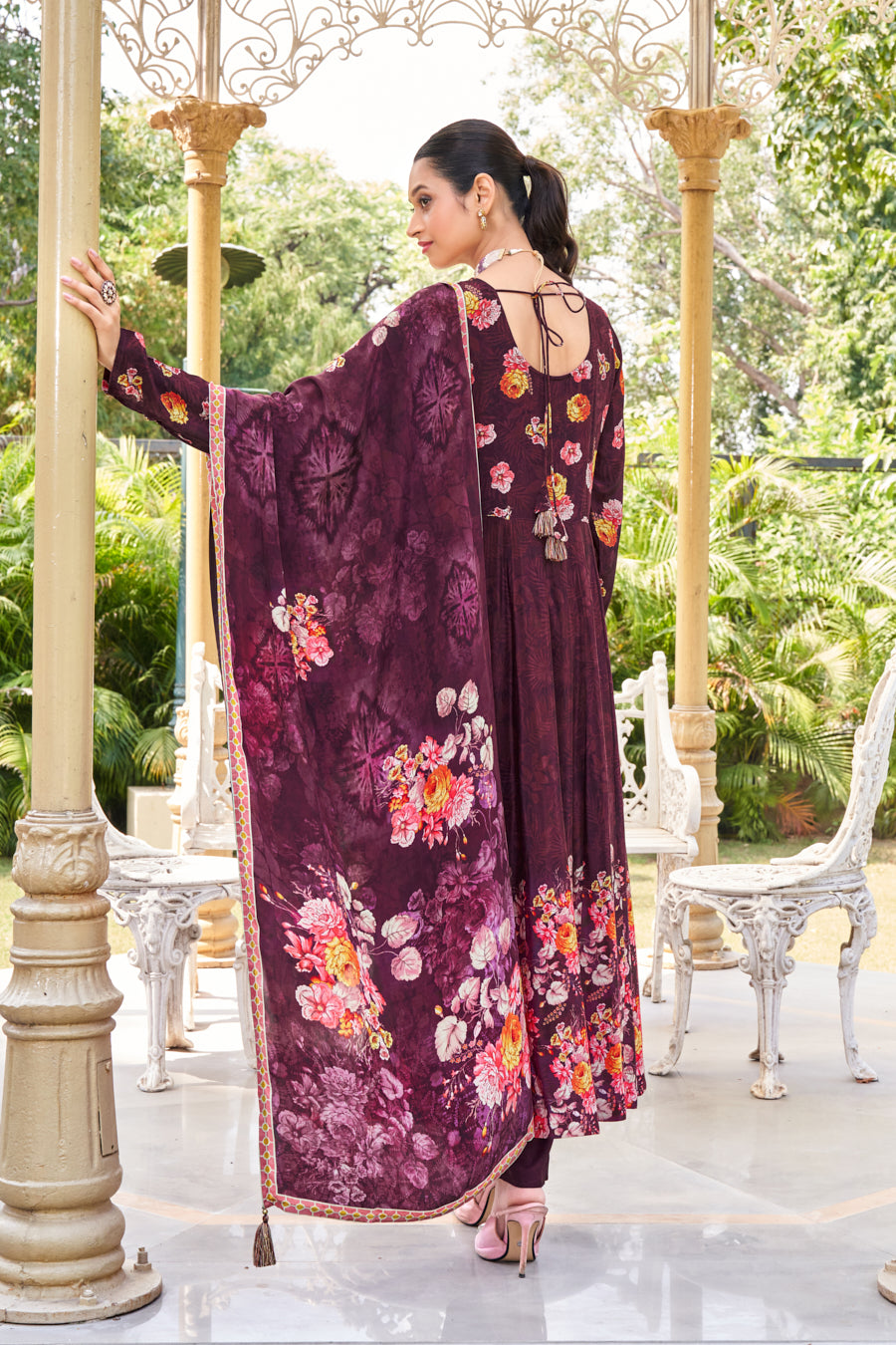 Purple Majesty 3 pcs pure viscose crape silk digital print Anarkali ,beautiful Real cut dana ,real mirror handwork