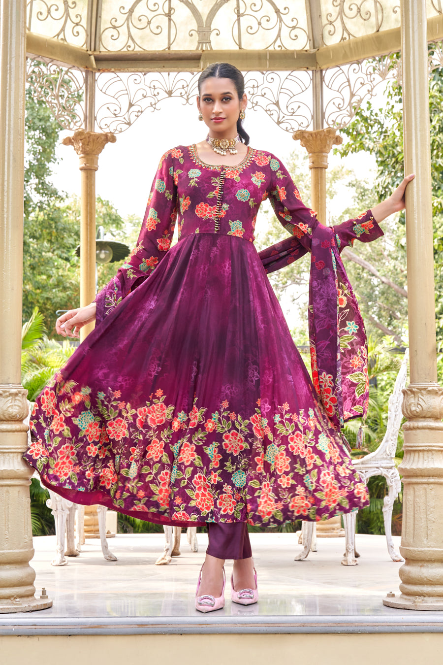 Purple digital print pure viscose crape silk anarkali 3 pcs set,Beautiful Real Mirror work on neckline and yoke