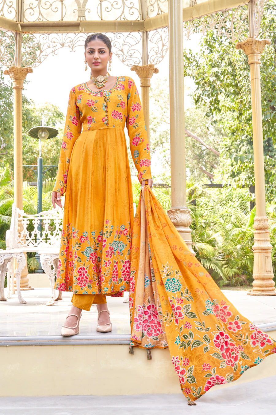 Gold Mustard Anarkali 3 Pc Set,Pure Viscose Crape Silk digital print,Intricate handwork on neckline and yoke
