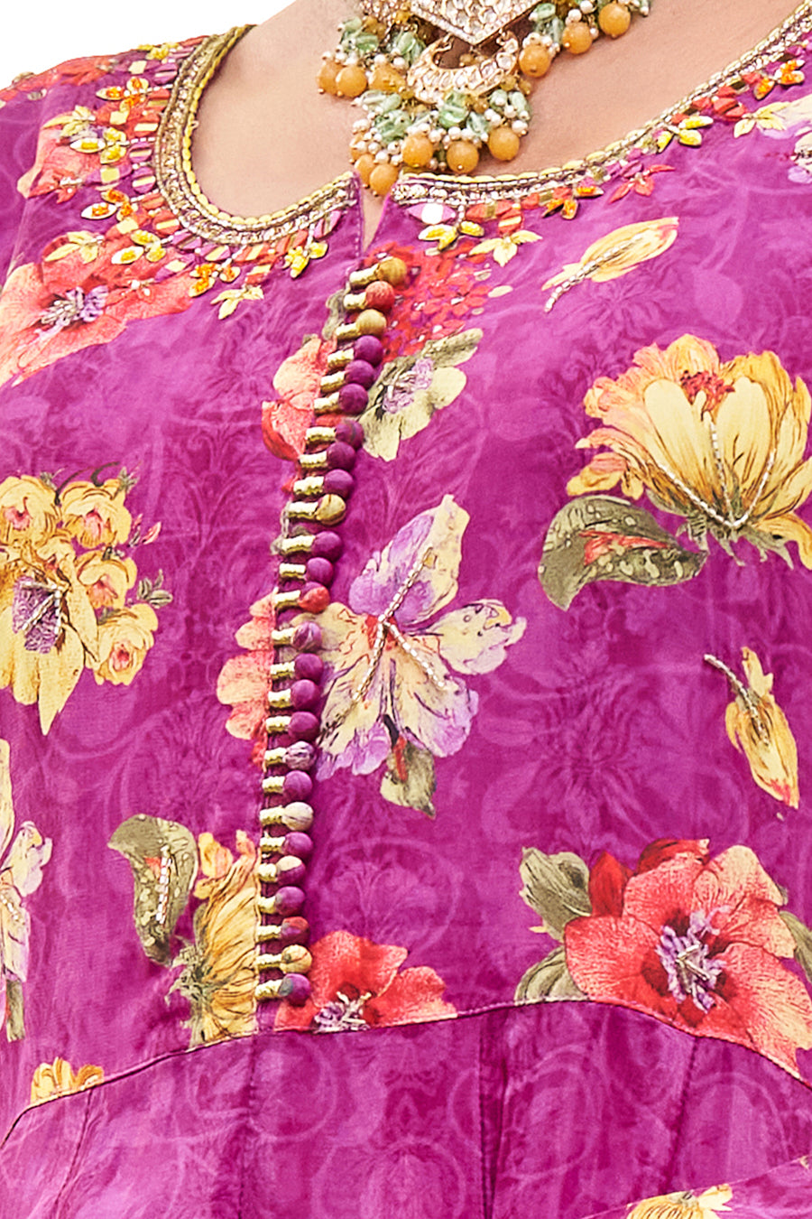 Lavender Digital Print Anarkali Crape Silk 3 pcs Set,Real Mirror Handwork on neckline and yoke