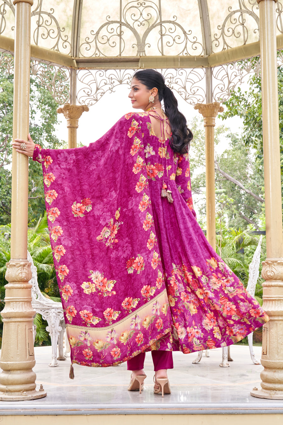 Lavender Digital Print Anarkali Crape Silk 3 pcs Set,Real Mirror Handwork on neckline and yoke