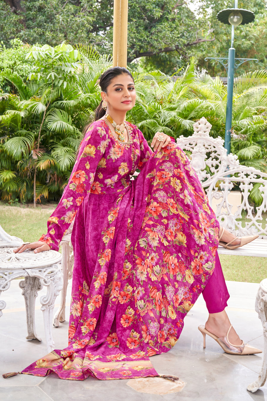 Lavender Digital Print Anarkali Crape Silk 3 pcs Set,Real Mirror Handwork on neckline and yoke