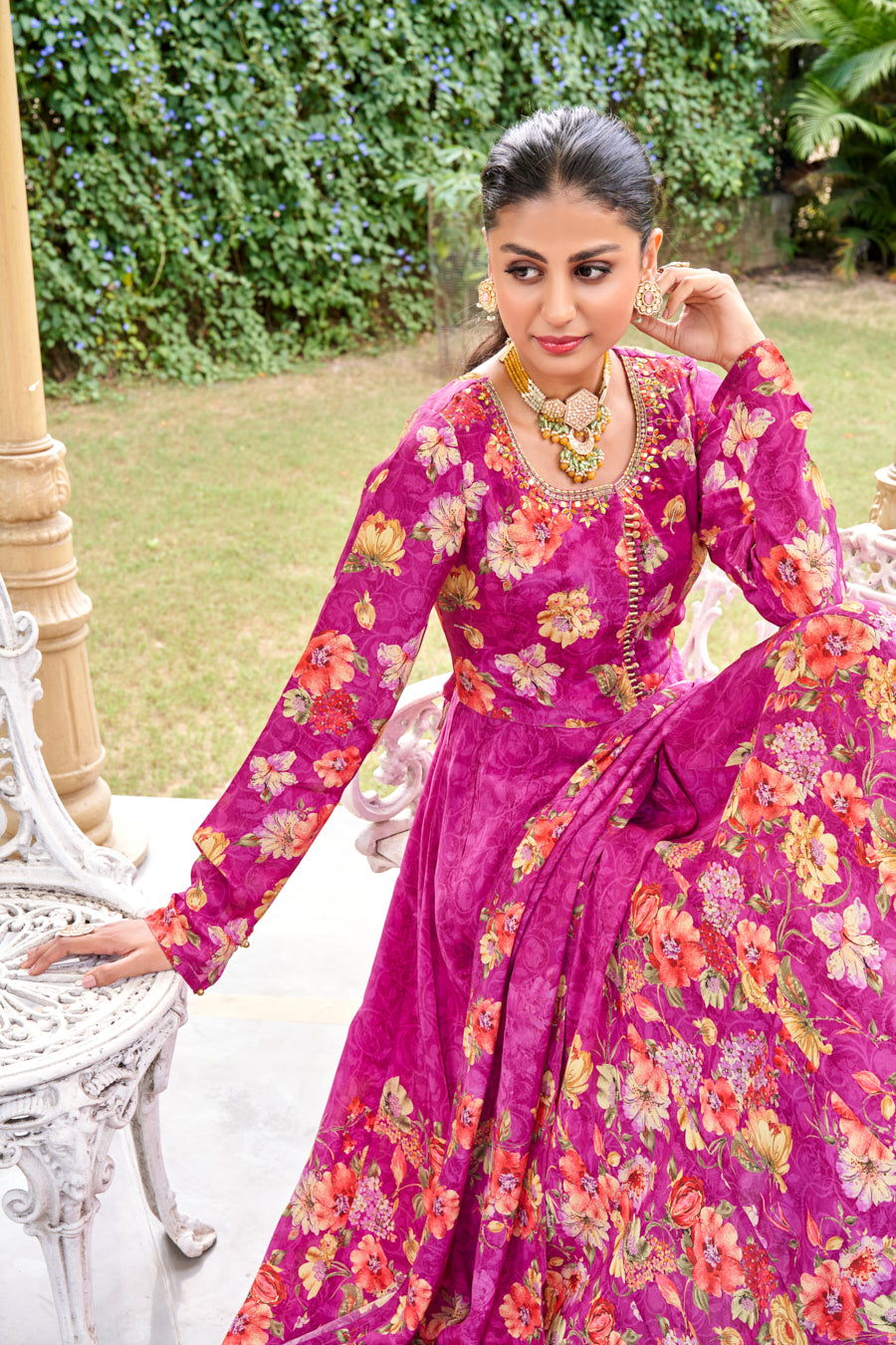 Lavender Digital Print Anarkali Crape Silk 3 pcs Set,Real Mirror Handwork on neckline and yoke