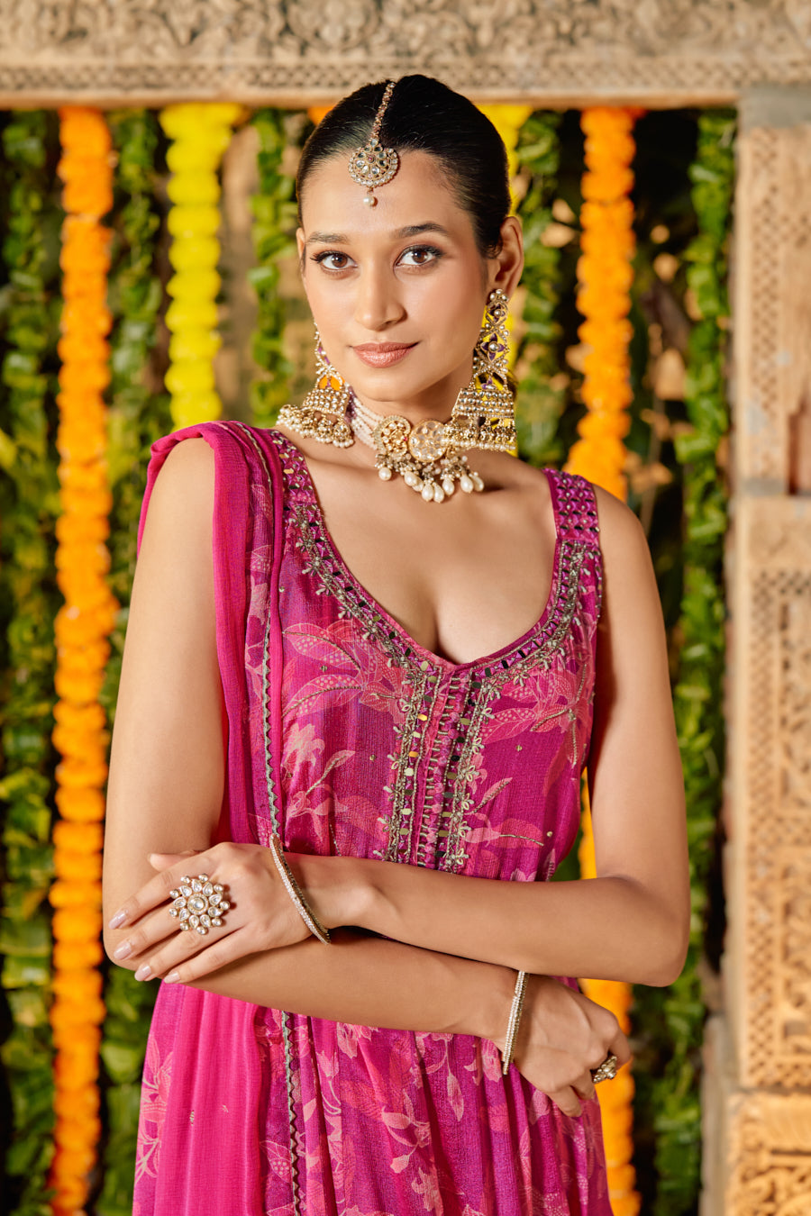 Fuchsia Rani Pure Chinnon Digital Printed Anarkali 3 pcs set With Beautiful Real Mirror Hand Work