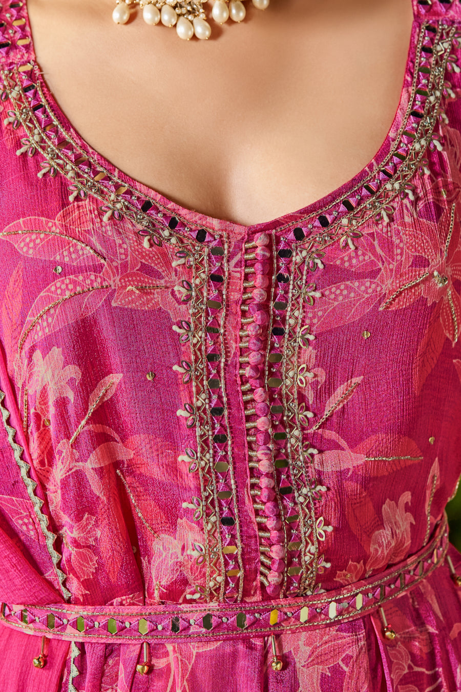 Fuchsia Rani Pure Chinnon Digital Printed Anarkali 3 pcs set With Beautiful Real Mirror Hand Work