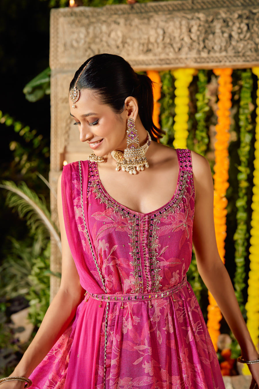 Fuchsia Rani Pure Chinnon Digital Printed Anarkali 3 pcs set With Beautiful Real Mirror Hand Work
