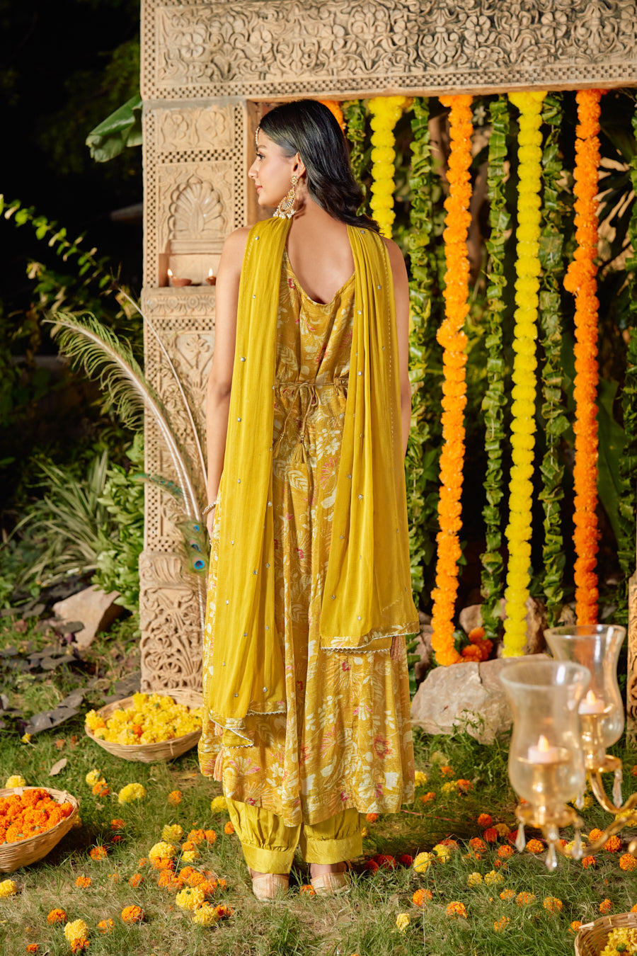 Mustard Pure Chinnon Digital Printed Anarkali 3 pcs set With Beautiful Real Mirror Hand Work