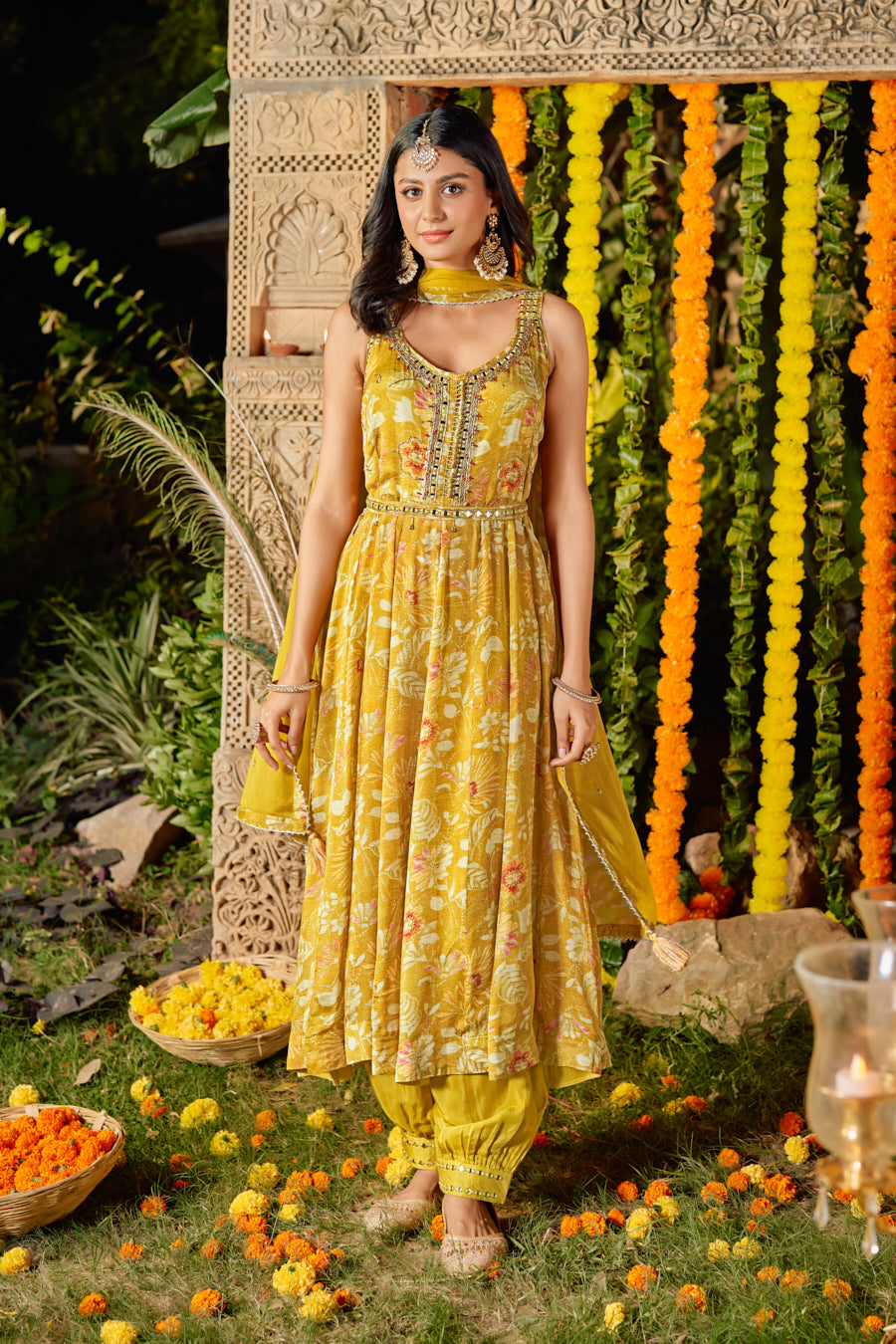 Mustard Pure Chinnon Digital Printed Anarkali 3 pcs set With Beautiful Real Mirror Hand Work
