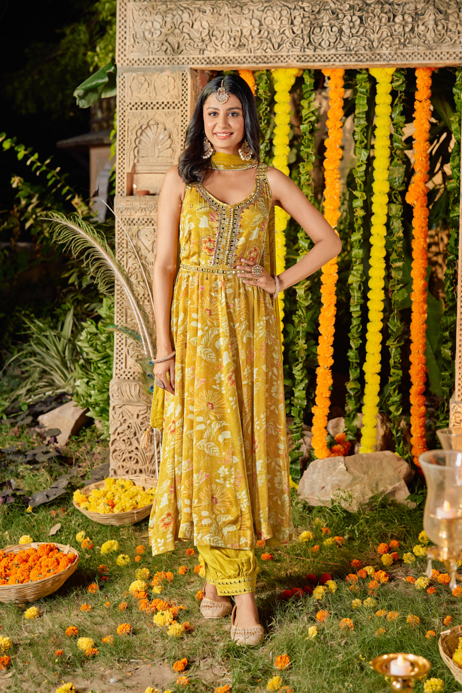 Mustard Pure Chinnon Digital Printed Anarkali 3 pcs set With Beautiful Real Mirror Hand Work