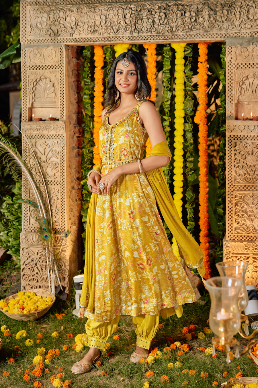 Mustard Pure Chinnon Digital Printed Anarkali 3 pcs set With Beautiful Real Mirror Hand Work