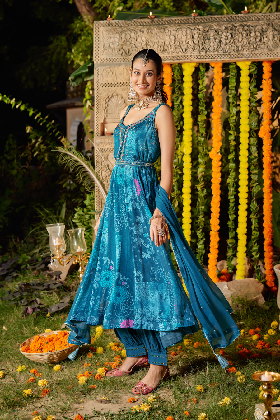 Teal Blue Pure Chinnon Digital Printed Anarkali 3 pcs set With Beautiful Real Mirror Hand Work