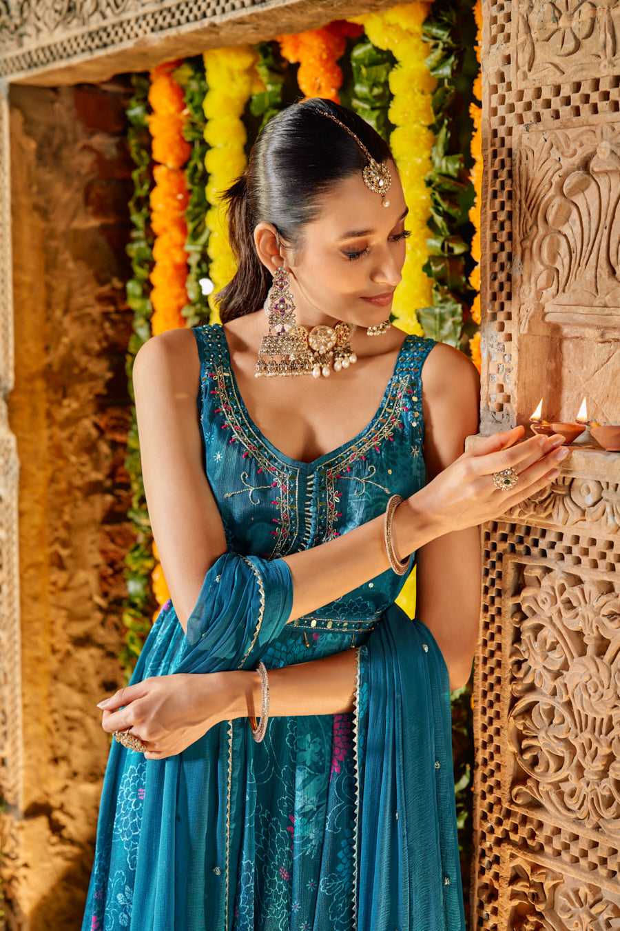 Teal Blue Pure Chinnon Digital Printed Anarkali 3 pcs set With Beautiful Real Mirror Hand Work