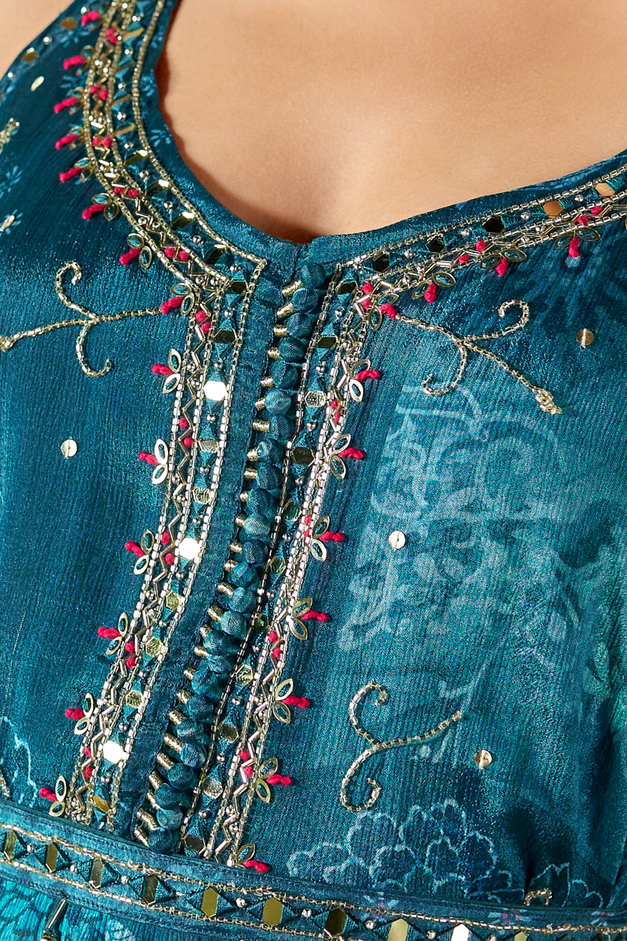 Teal Blue Pure Chinnon Digital Printed Anarkali 3 pcs set With Beautiful Real Mirror Hand Work