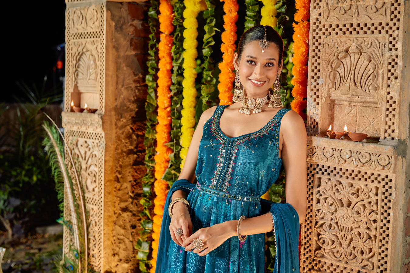 Teal Blue Pure Chinnon Digital Printed Anarkali 3 pcs set With Beautiful Real Mirror Hand Work