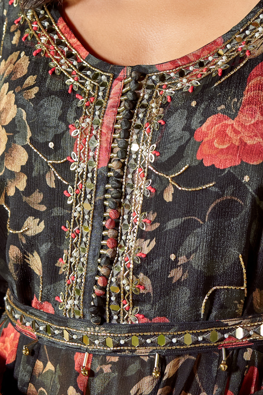 Black Pure Chinnon Digital Printed Anarkali 3 pcs set With Beautiful Real Mirror Hand Work