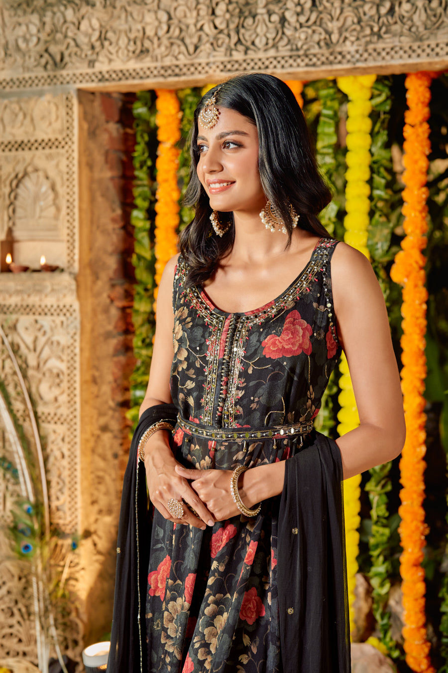 Black Pure Chinnon Digital Printed Anarkali 3 pcs set With Beautiful Real Mirror Hand Work