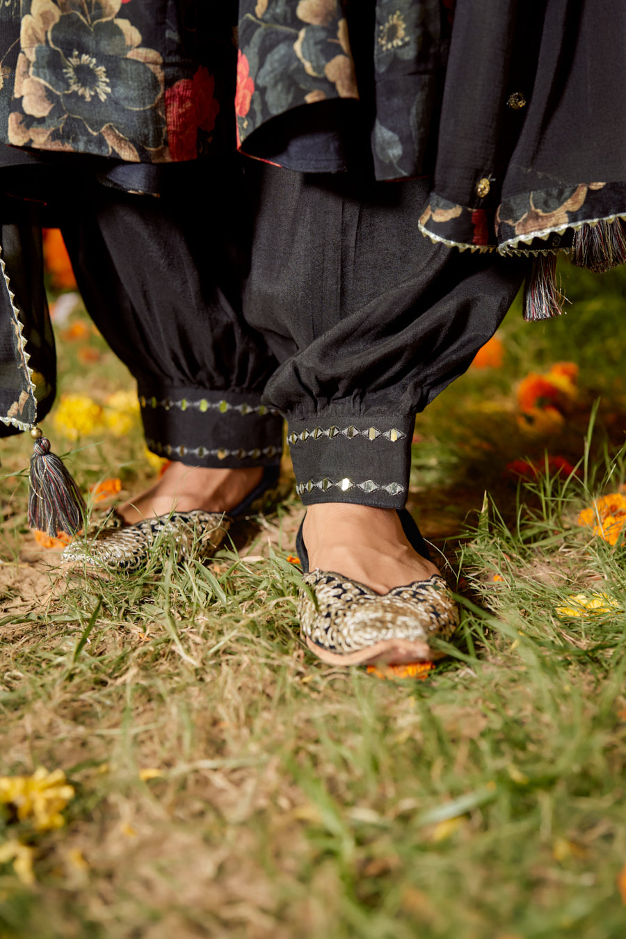 Black Pure Chinnon Digital Printed Anarkali 3 pcs set With Beautiful Real Mirror Hand Work