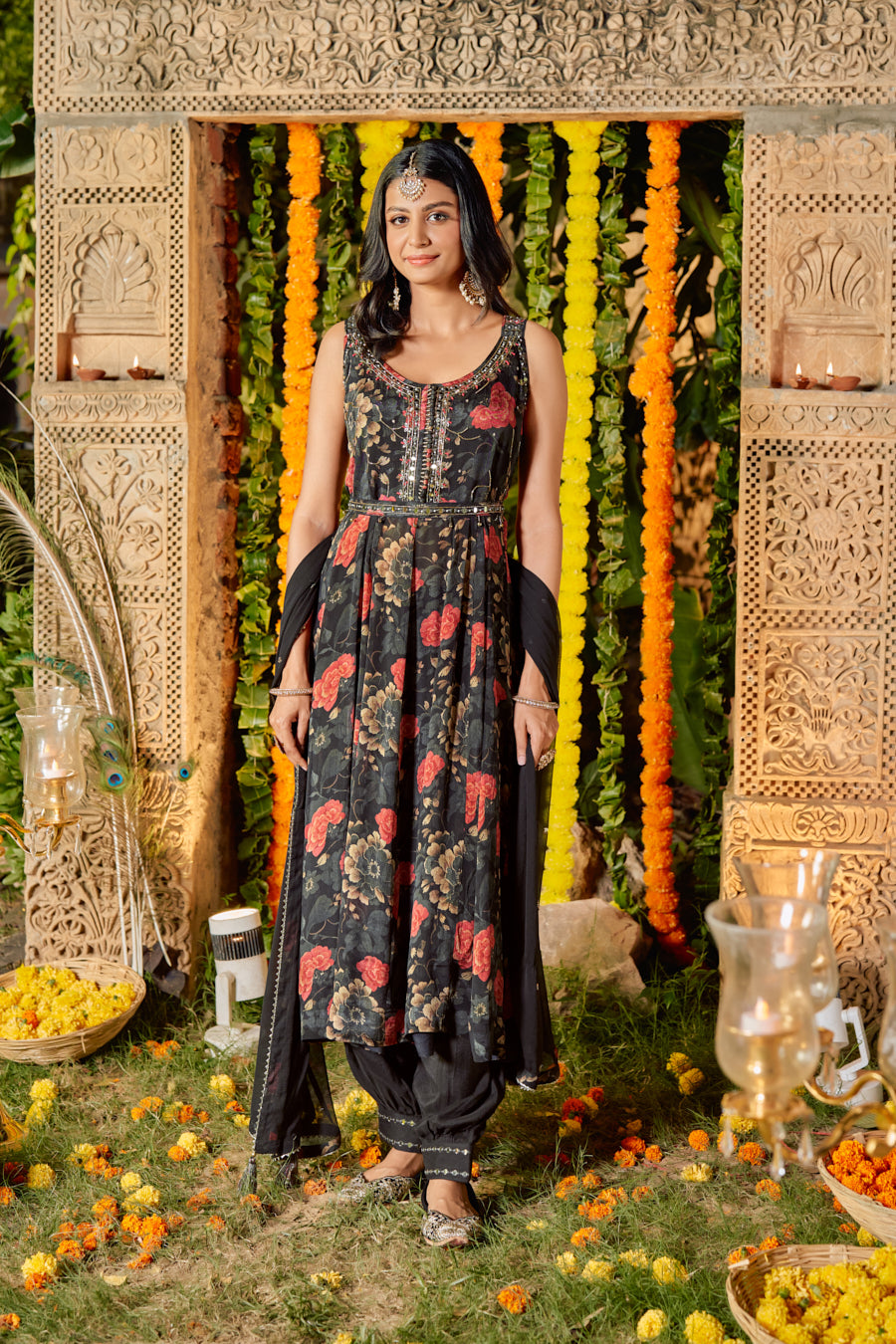 Black Pure Chinnon Digital Printed Anarkali 3 pcs set With Beautiful Real Mirror Hand Work