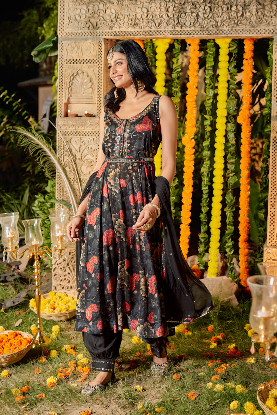 Black Pure Chinnon Digital Printed Anarkali 3 pcs set With Beautiful Real Mirror Hand Work