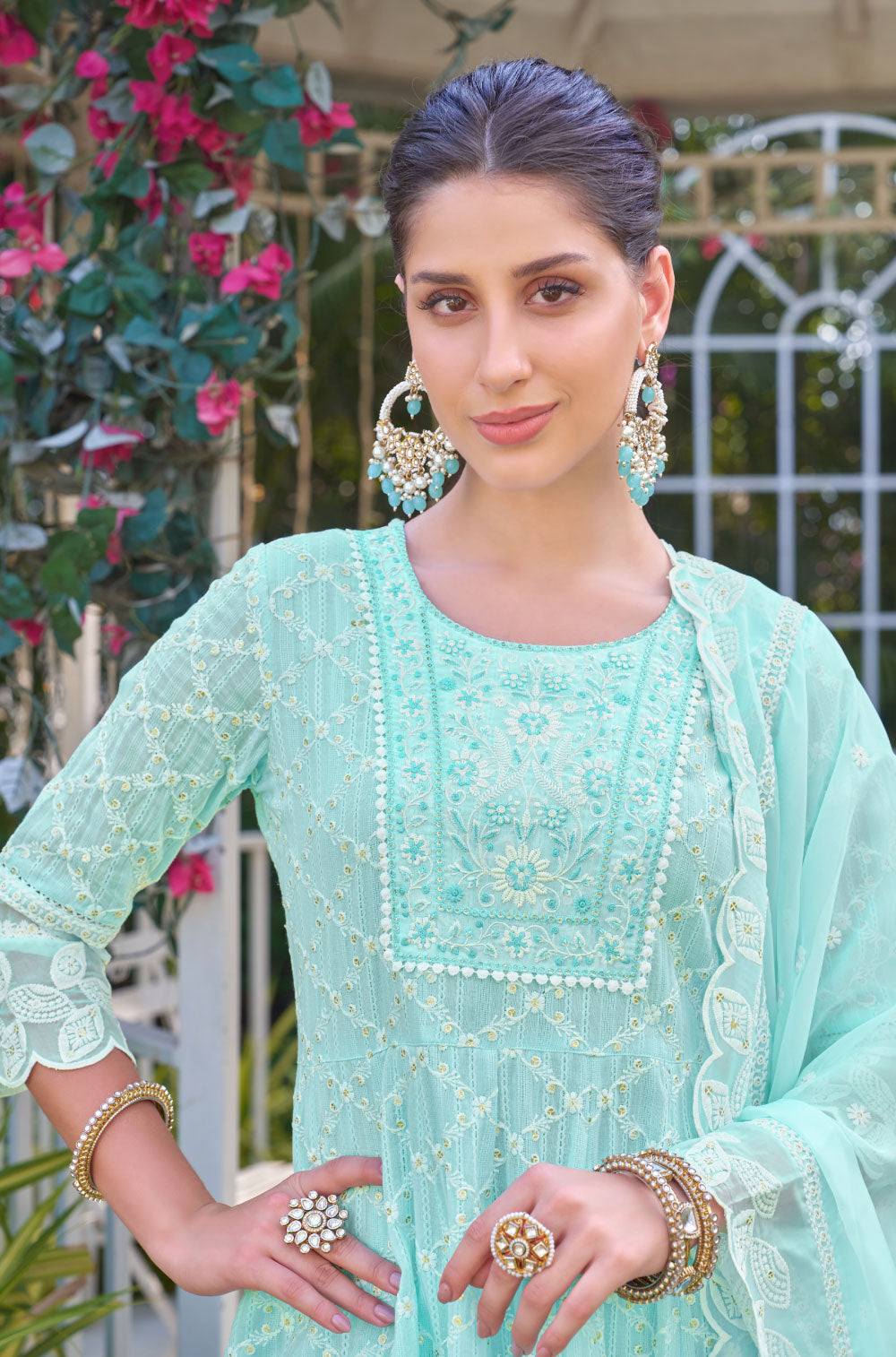 Cotton Lino Dobby 3 pcs Anarkali Set with Organza Dupatta