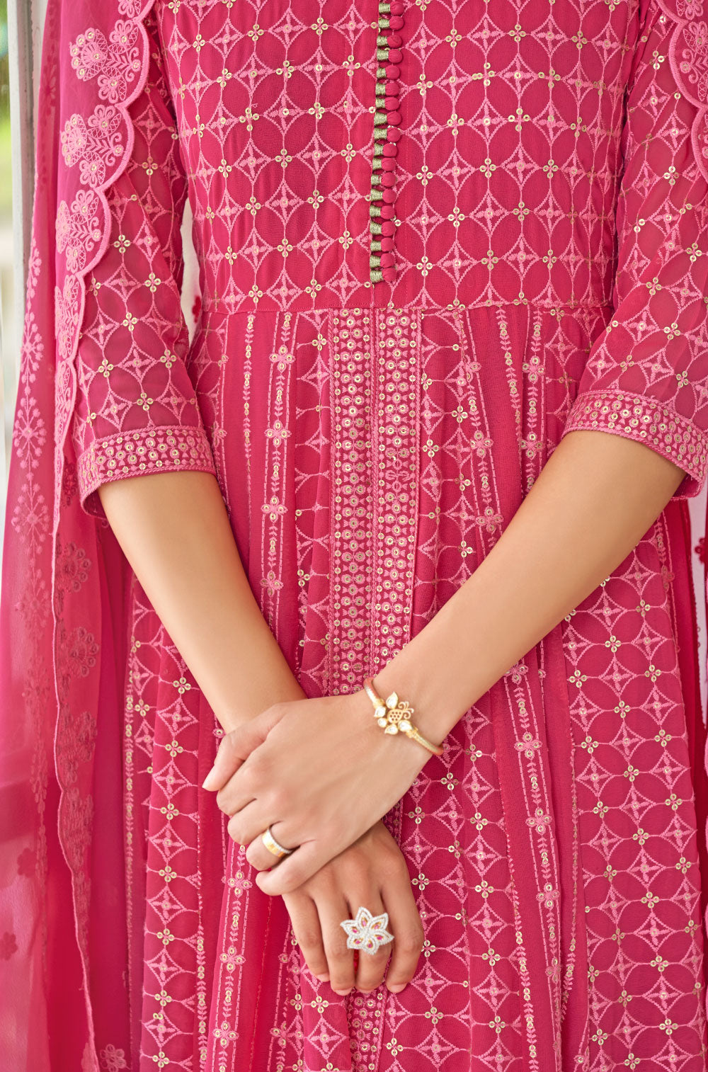 Fuchsia Pink Anarkali, Pants & Dupatta with Chikankari
