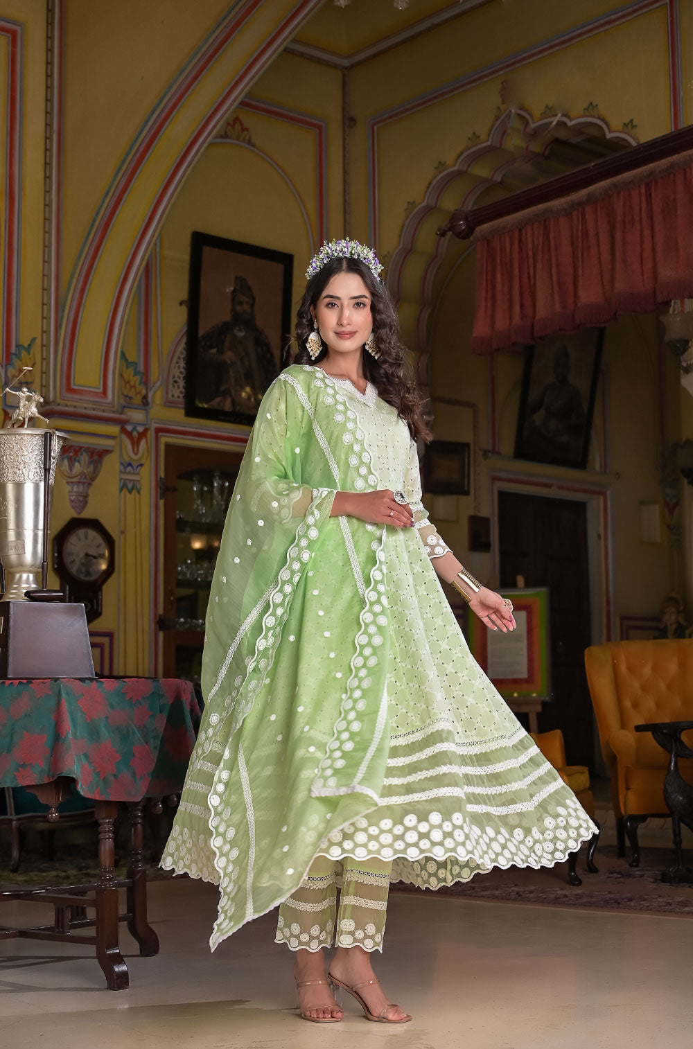 Empire chikankari pure cotton 3 pcs anarkali set with trousers and organza dupatta