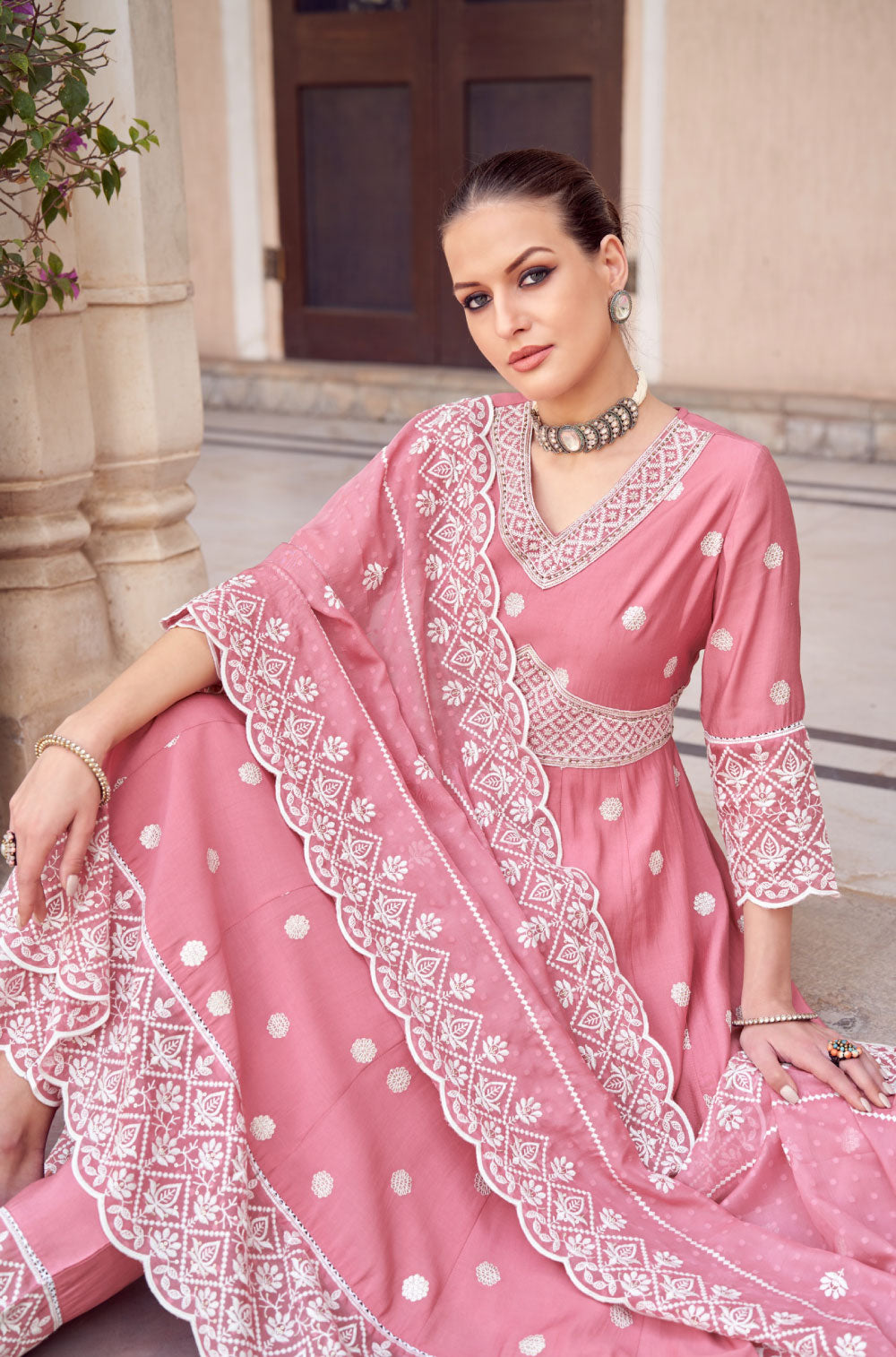 The Mauve Pink Anarkali Set with Handcrafted Embellishments