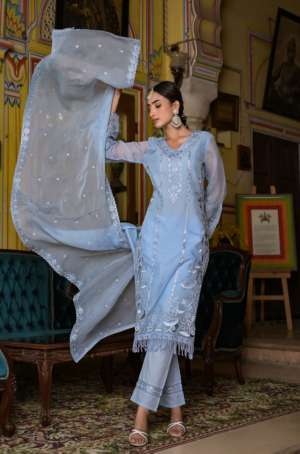 Powder Blue Organza 3-Piece Kurta Set with Delicate Cut Work Embroidery