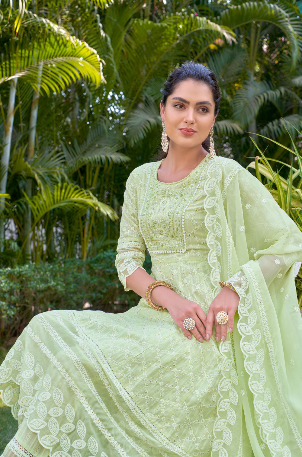 Anarkali Set with Sequined Yoke & Organza Dupatta