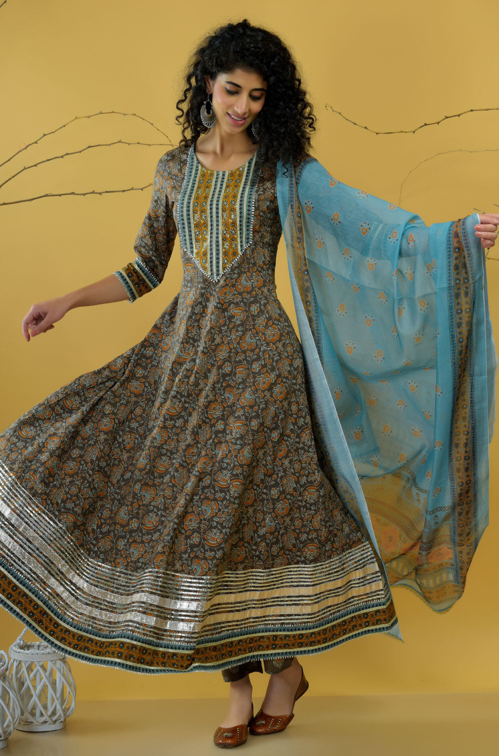 Army Green Anarkali Set with Chanderi Dupatta in traditional style