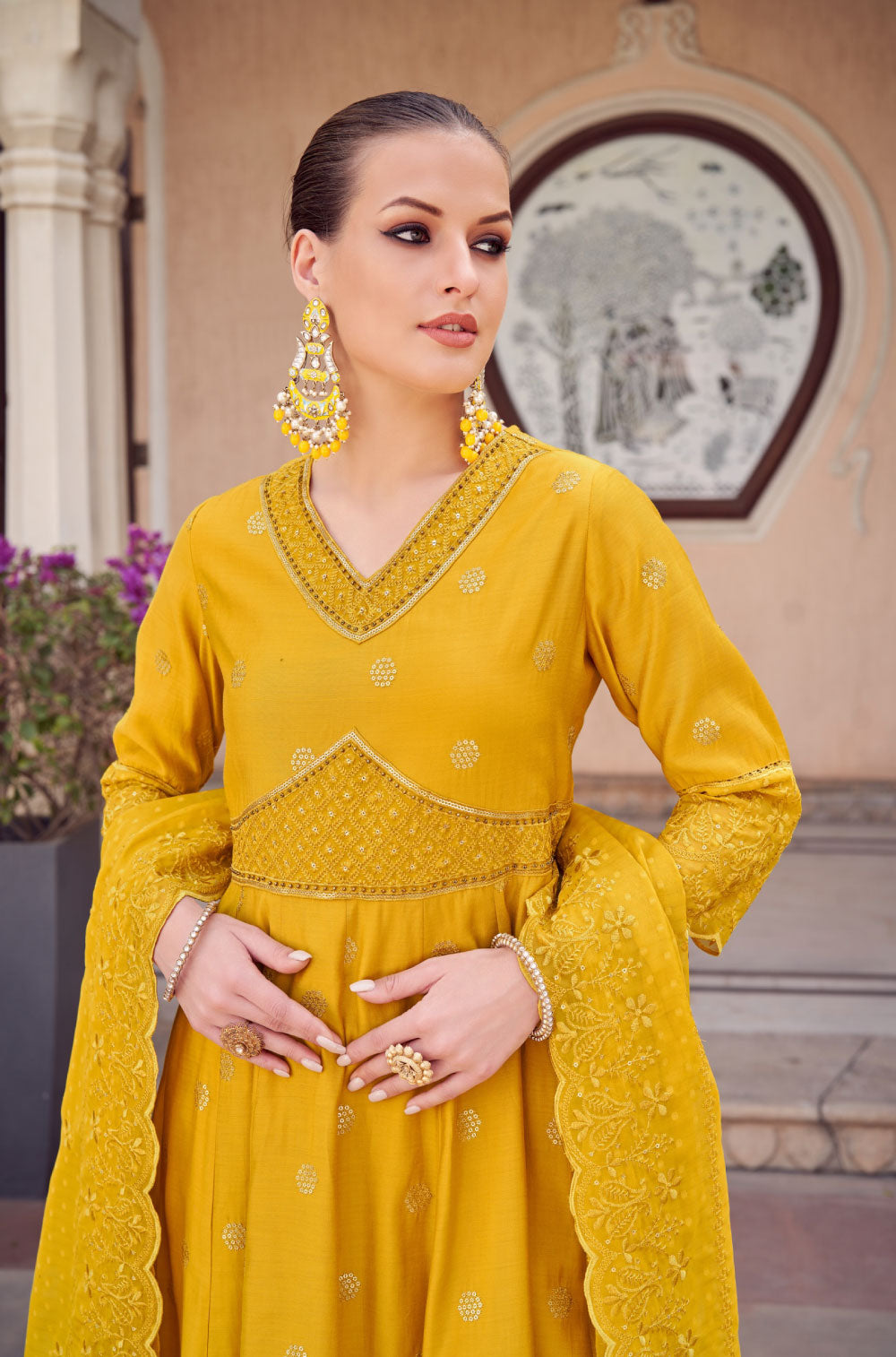 Mustard Silk Anarkali Set with Organza Flair