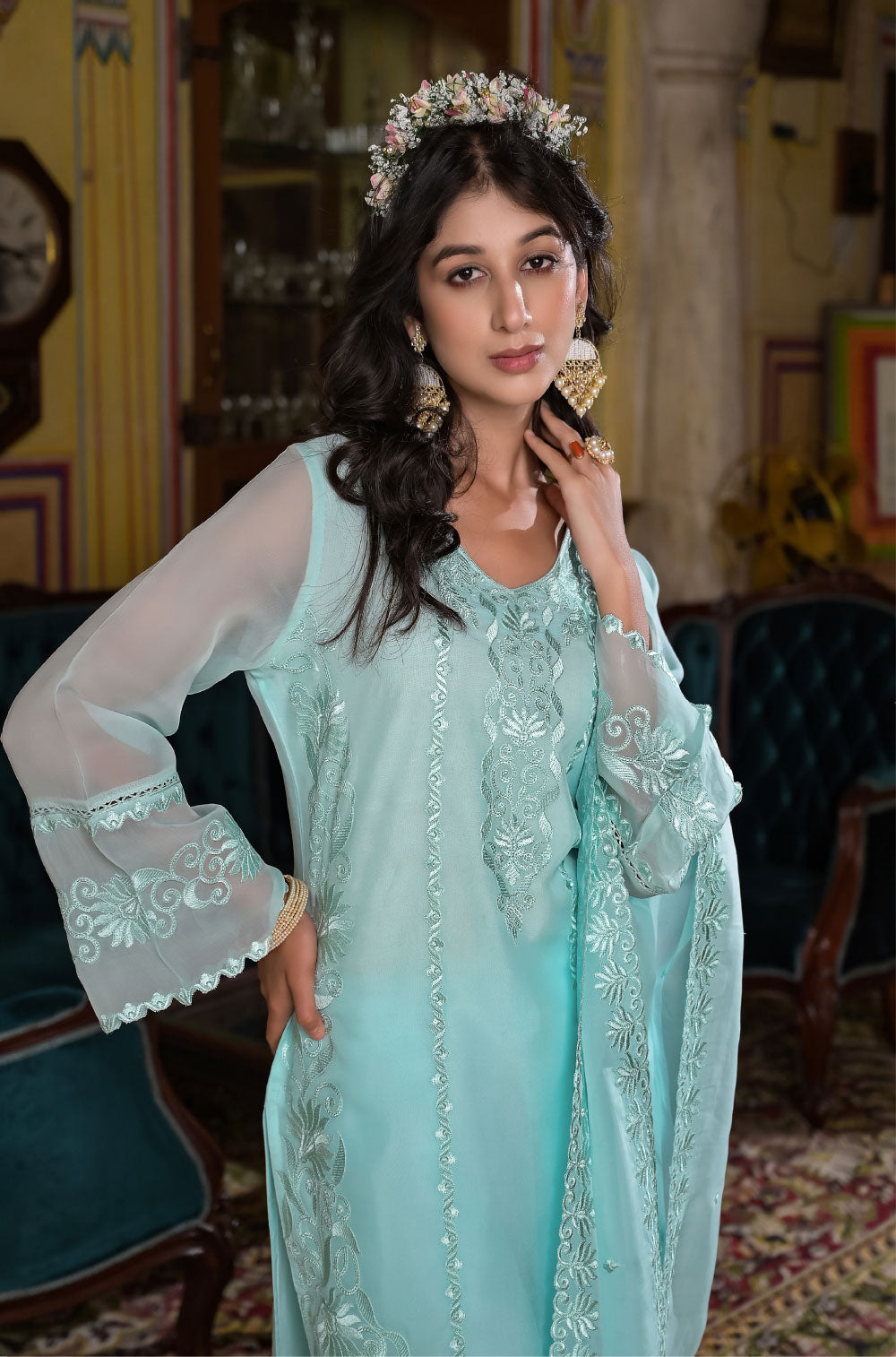 3-Piece Aqua Organza Kurta Set with Delicate Cut Work