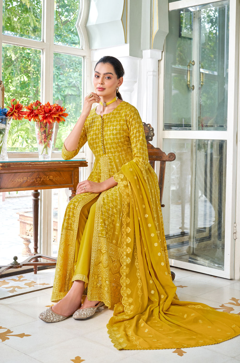 3-Piece Mustard Yellow Georgette Anarkali Set with Chikankari & Gold Sequins.
