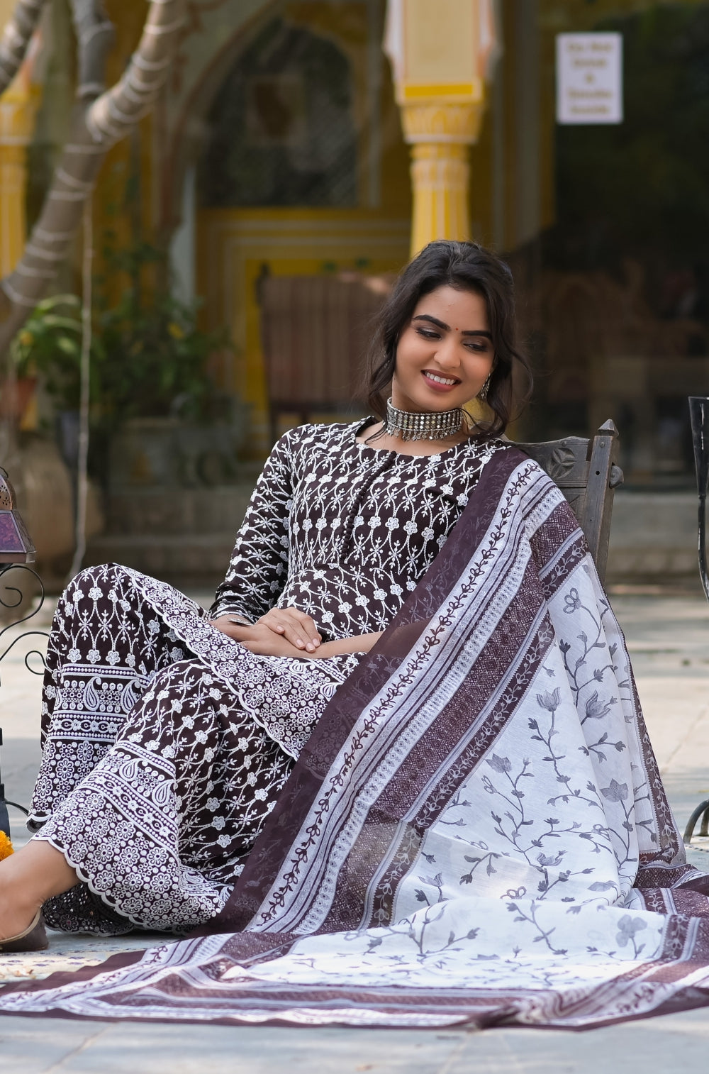 Coffee Dyed Rayon Sharara 3-piece Set with Exquisite Chikankari