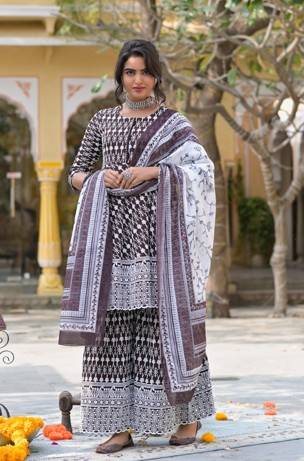 Coffee Dyed Rayon Sharara 3-piece Set with Exquisite Chikankari