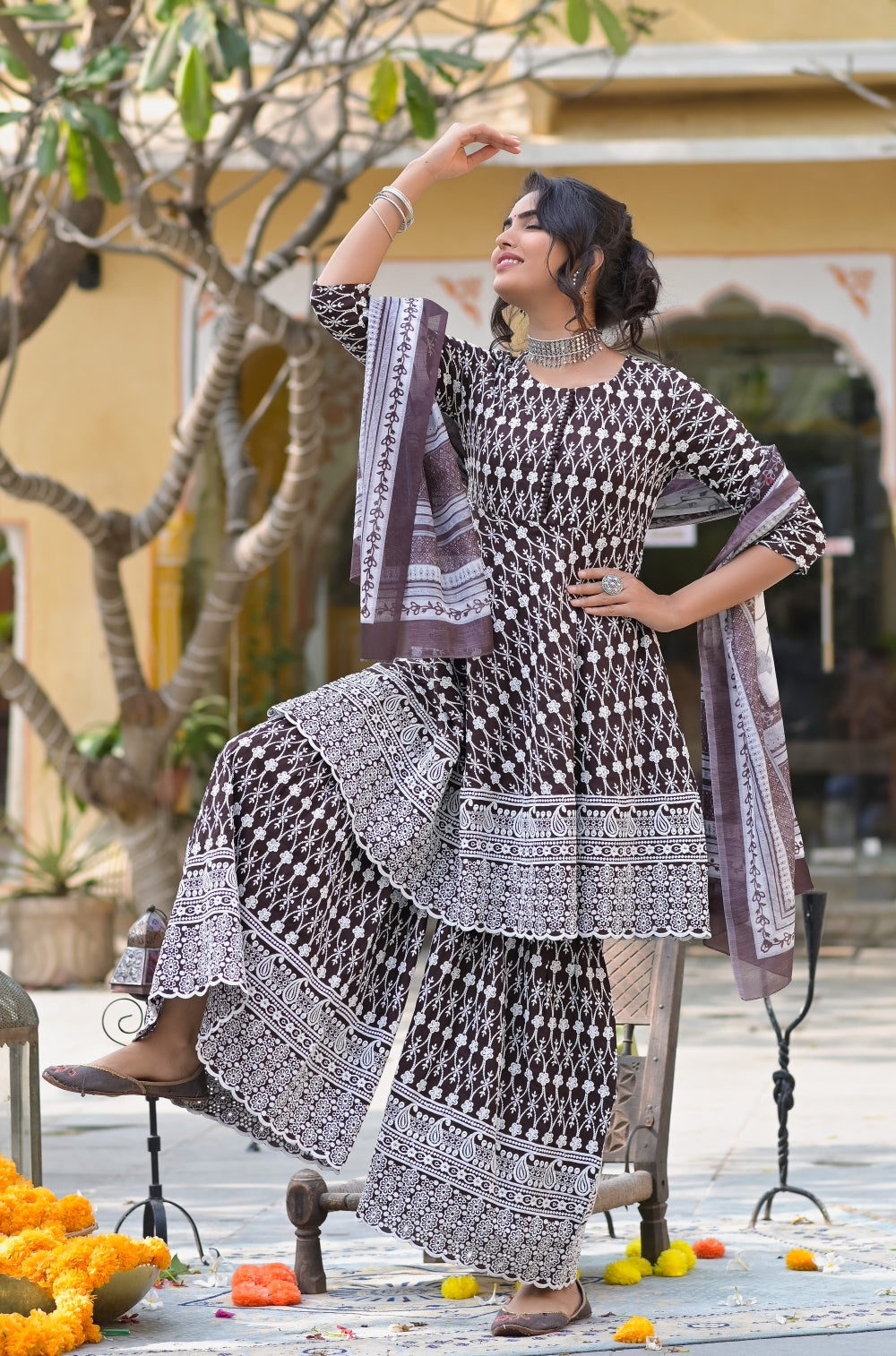 Coffee Dyed Rayon Sharara 3-piece Set with Exquisite Chikankari